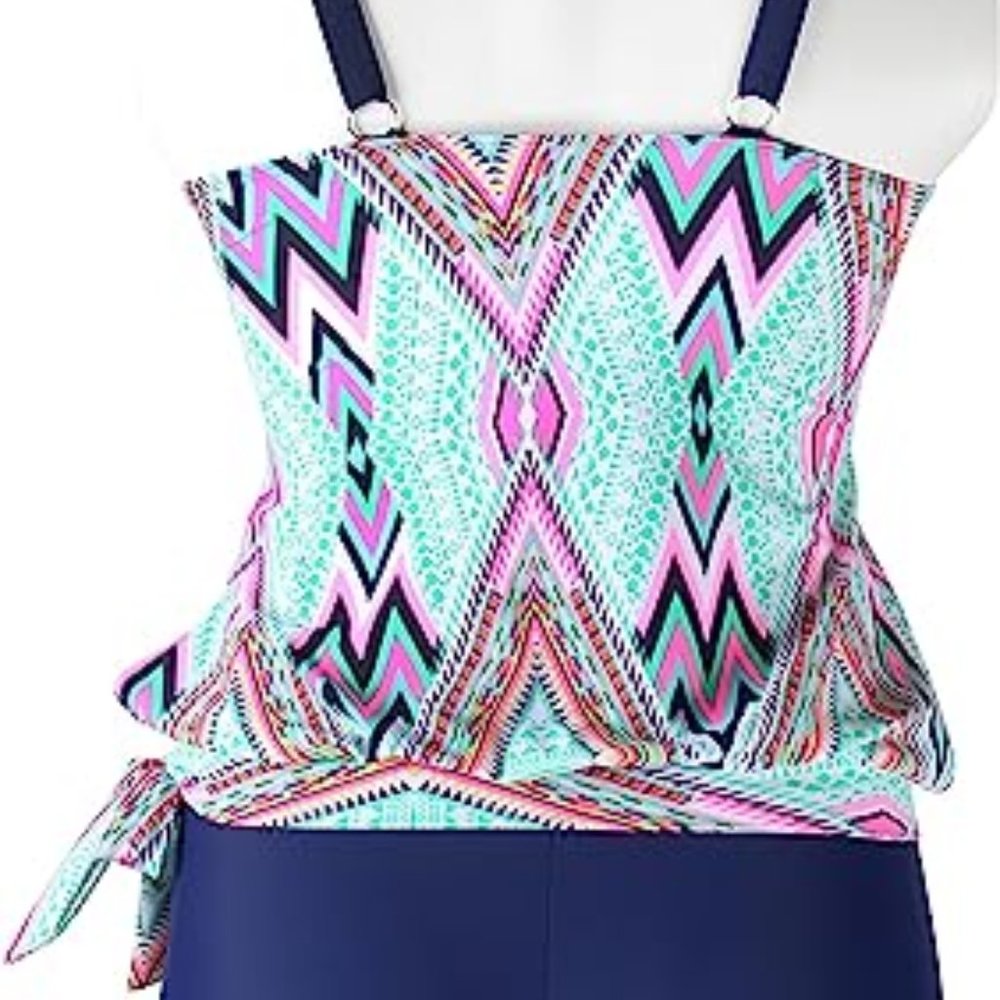 Miturn Womens Bandeau Printed Tie Side Blouson Tankini Tops Two Pieces Swimsuit - Picture 3 of 8
